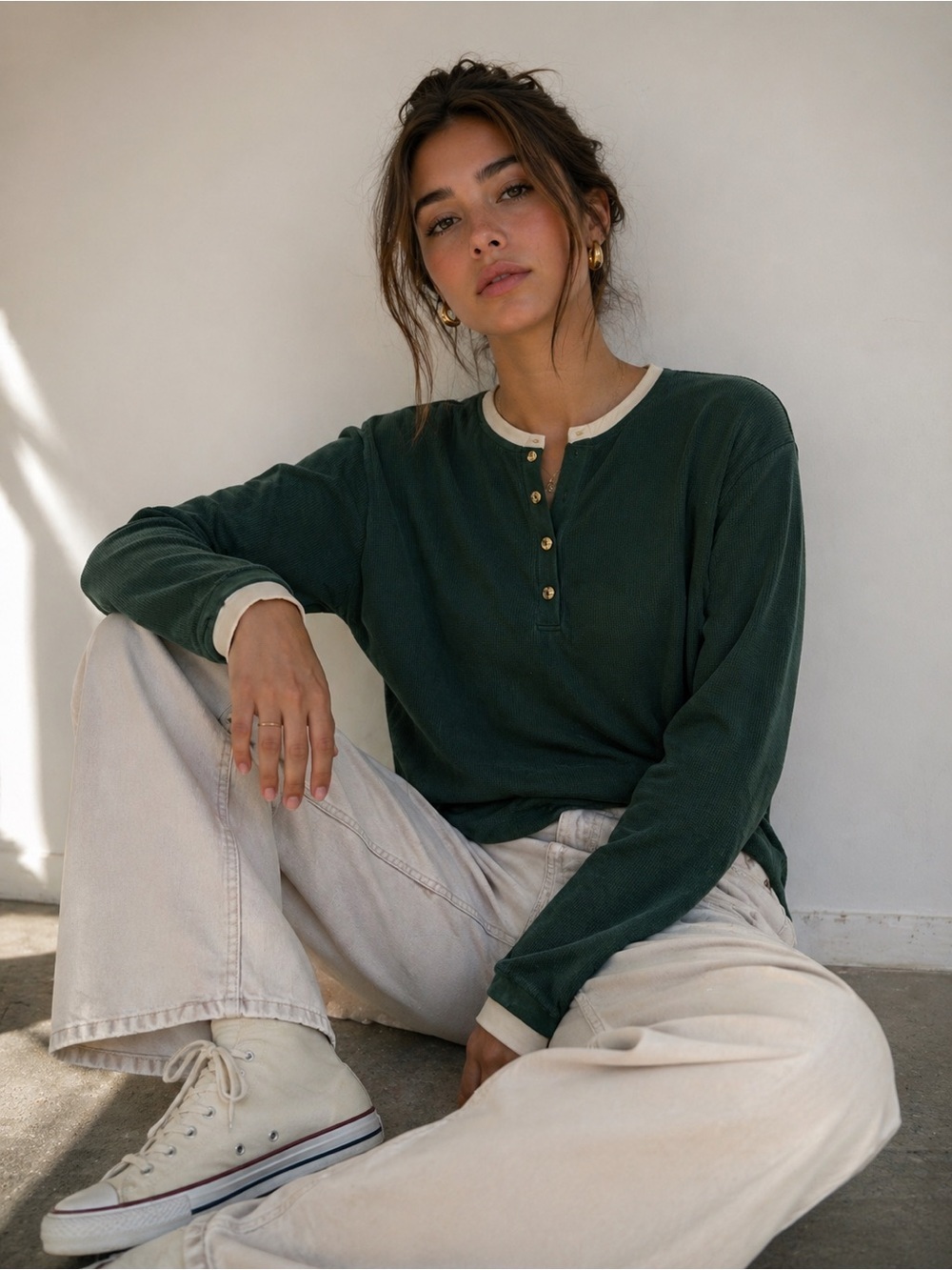 Vintage Premier International Dark Green Thermal Henley Long Sleeve Cozy Top M